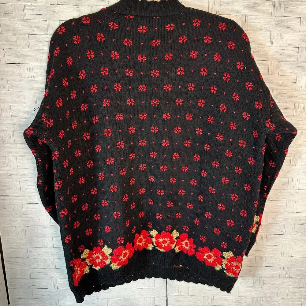 Dana Scott Christmas sweater black red‎ mock neck Robinson bows scallop hems